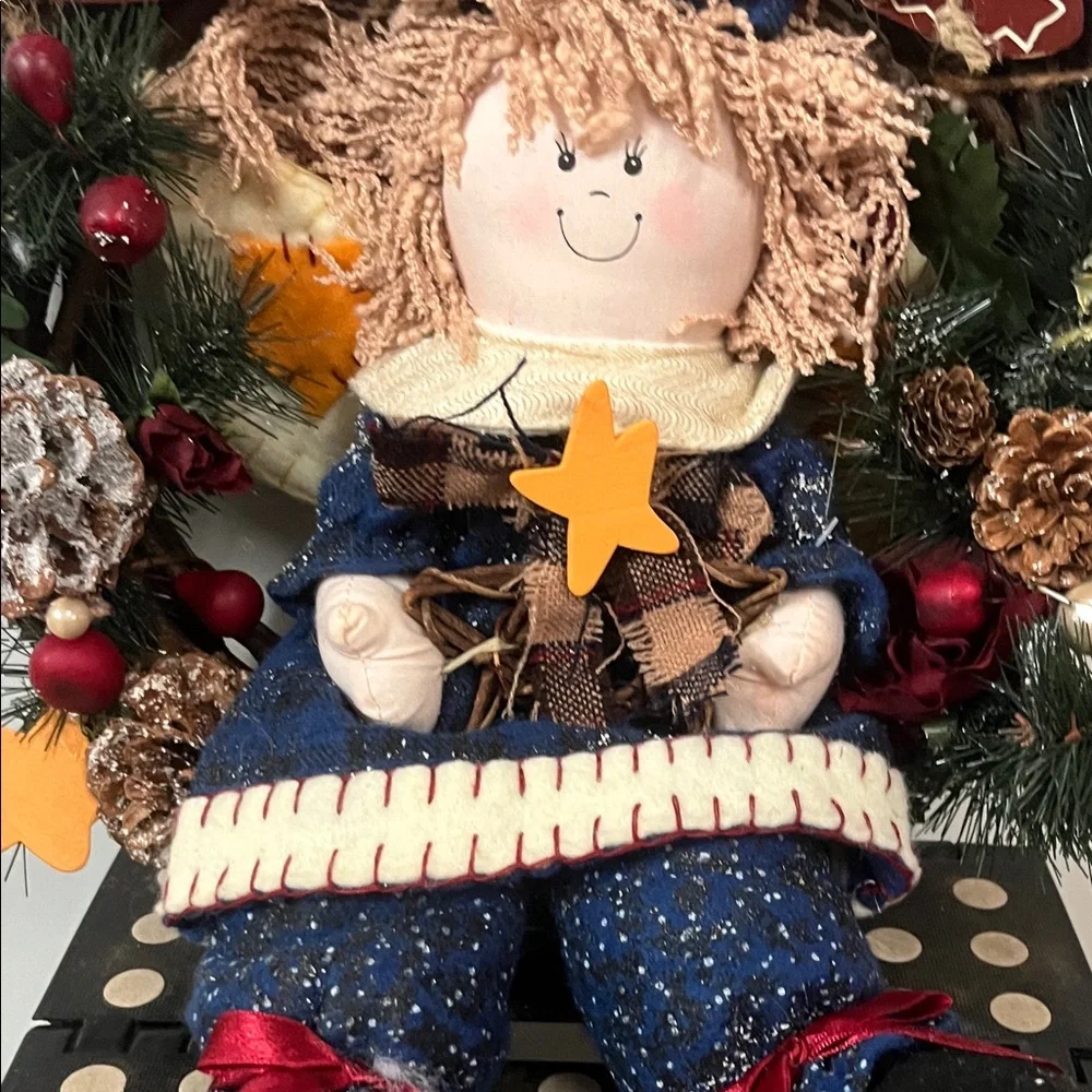 Festive Holiday Wreath with Doll - Blue and Red
